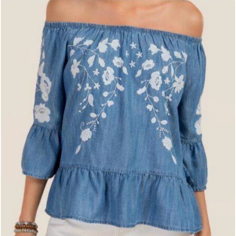 Blue Rain Top Women‎ XS Blue Floral Embroidered Boho Off Shoulder Cottagecore